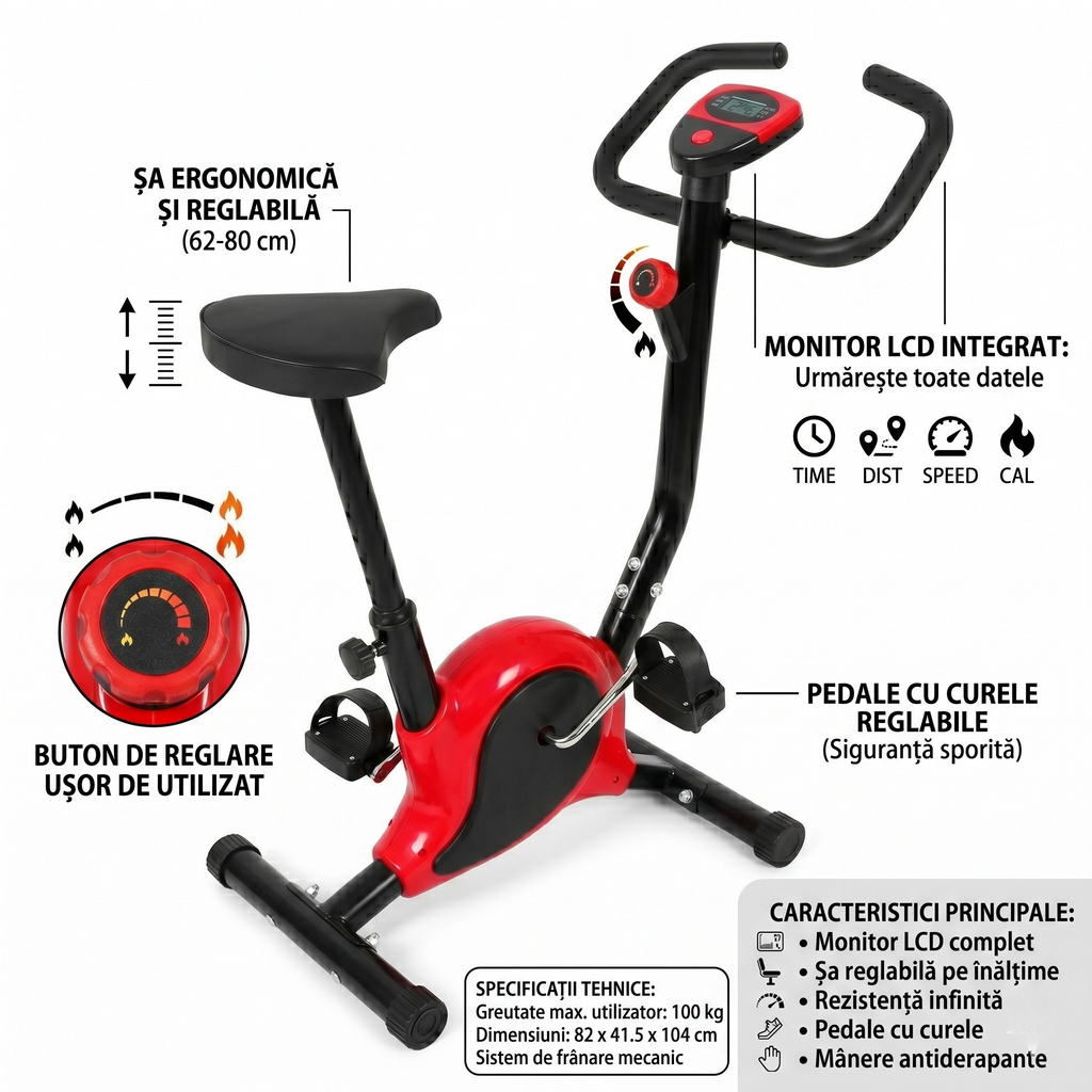 Bicicleta Fitness Mecanica pentru Casa cu Monitor Digital si Senzori – Rosu/Negru