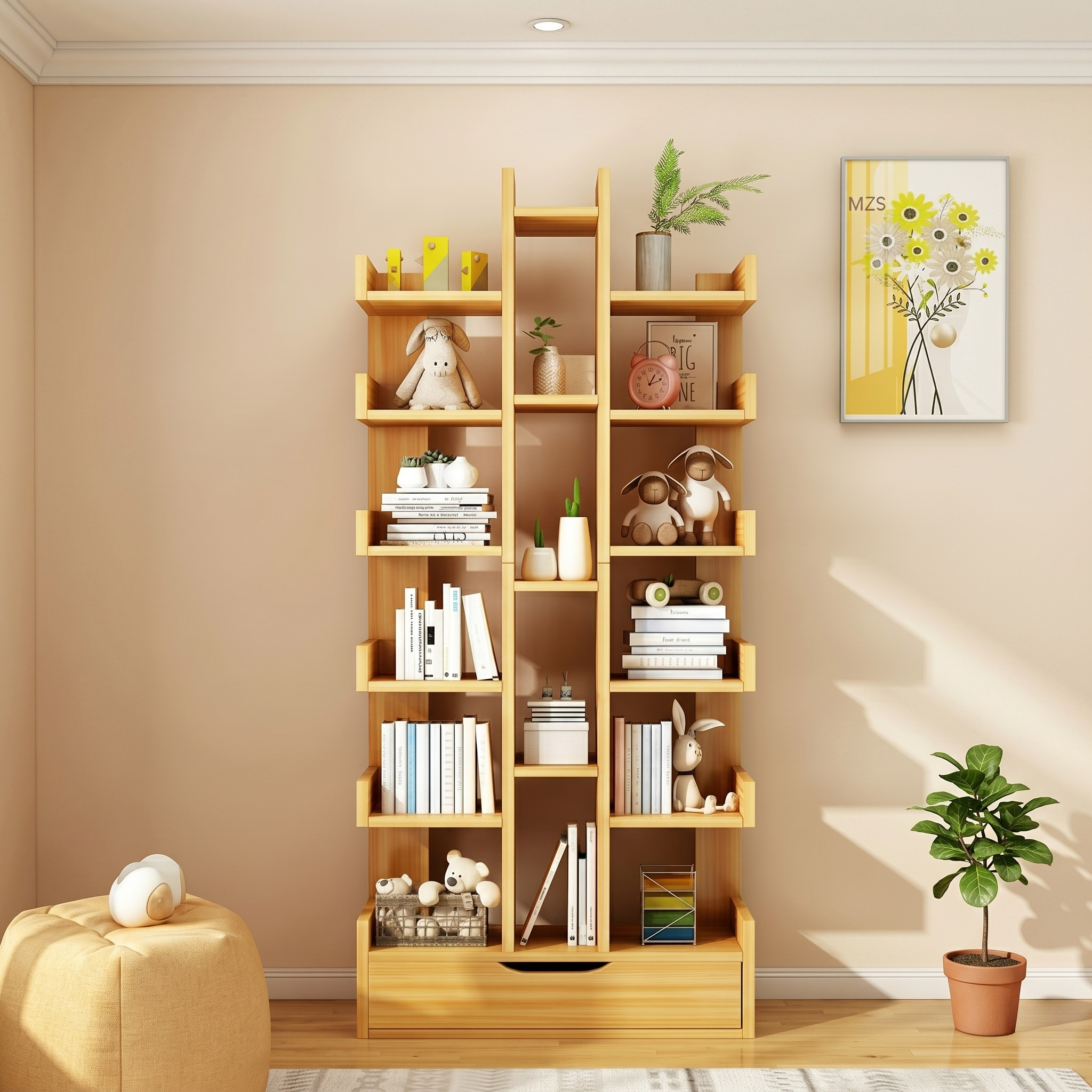 Mobilier Biblioteca Tree of Knowledge cu 18 rafturi si sertar, 158 x 34cm - Lemn