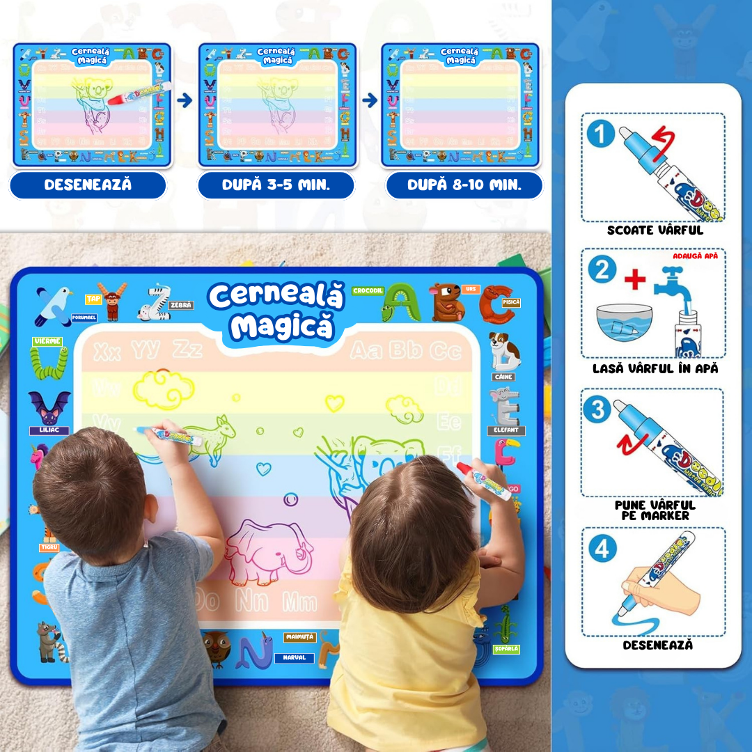 Covoraș Magic™ – Set pentru Desen Fără Murdărie cu Apă + 3 Markere Cadou