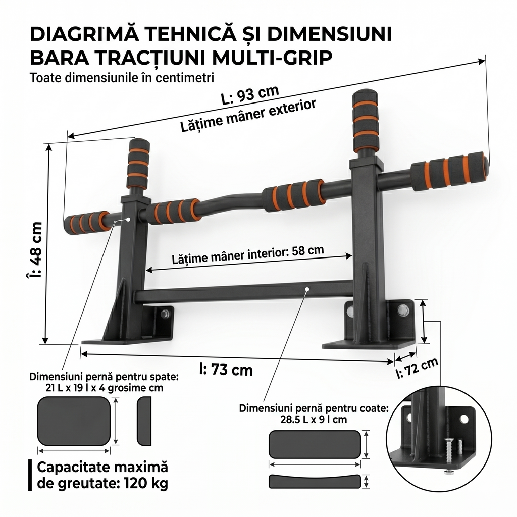 Bara pentru Tractiuni cu Fixare pe Perete, Otel Ranforsat, Capacitate 120 kg, Fitness si Calisthenics
