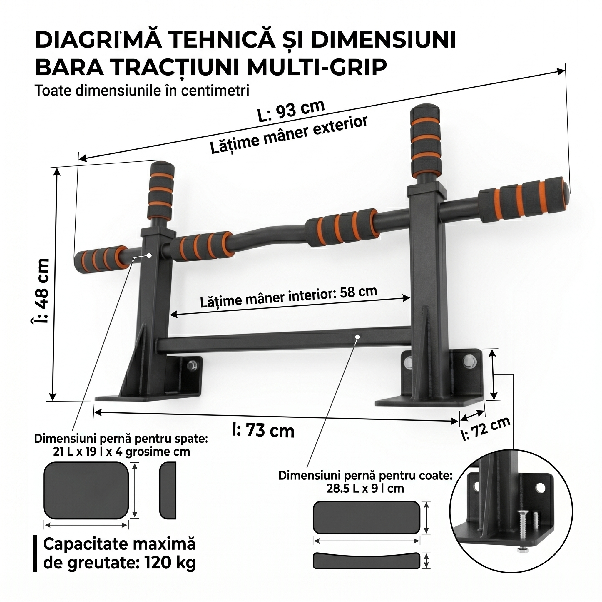 Bara pentru Tractiuni cu Fixare pe Perete, Otel Ranforsat, Capacitate 120 kg, Fitness si Calisthenics