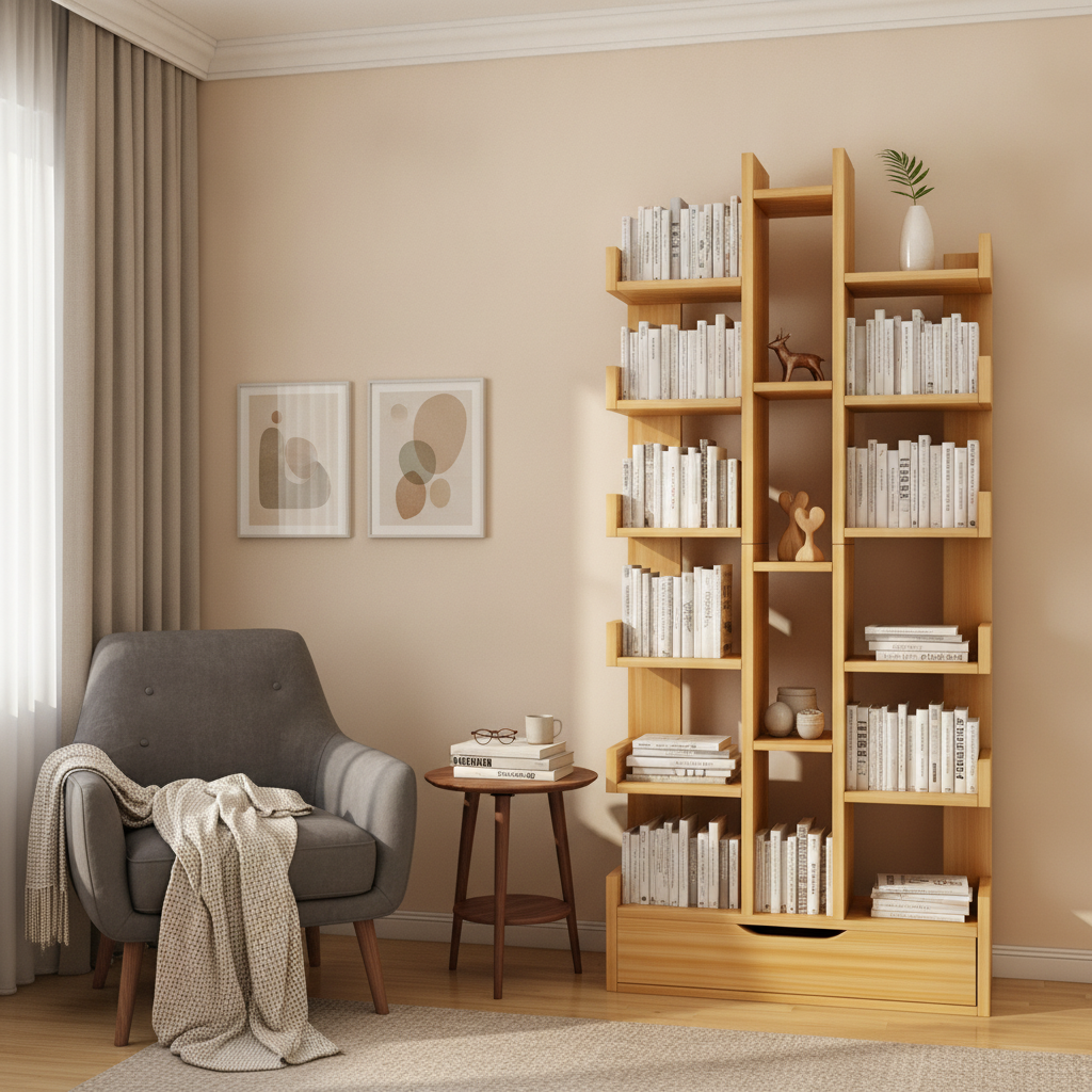 Mobilier Biblioteca Tree of Knowledge cu 18 rafturi si sertar, 158 x 34cm - Lemn