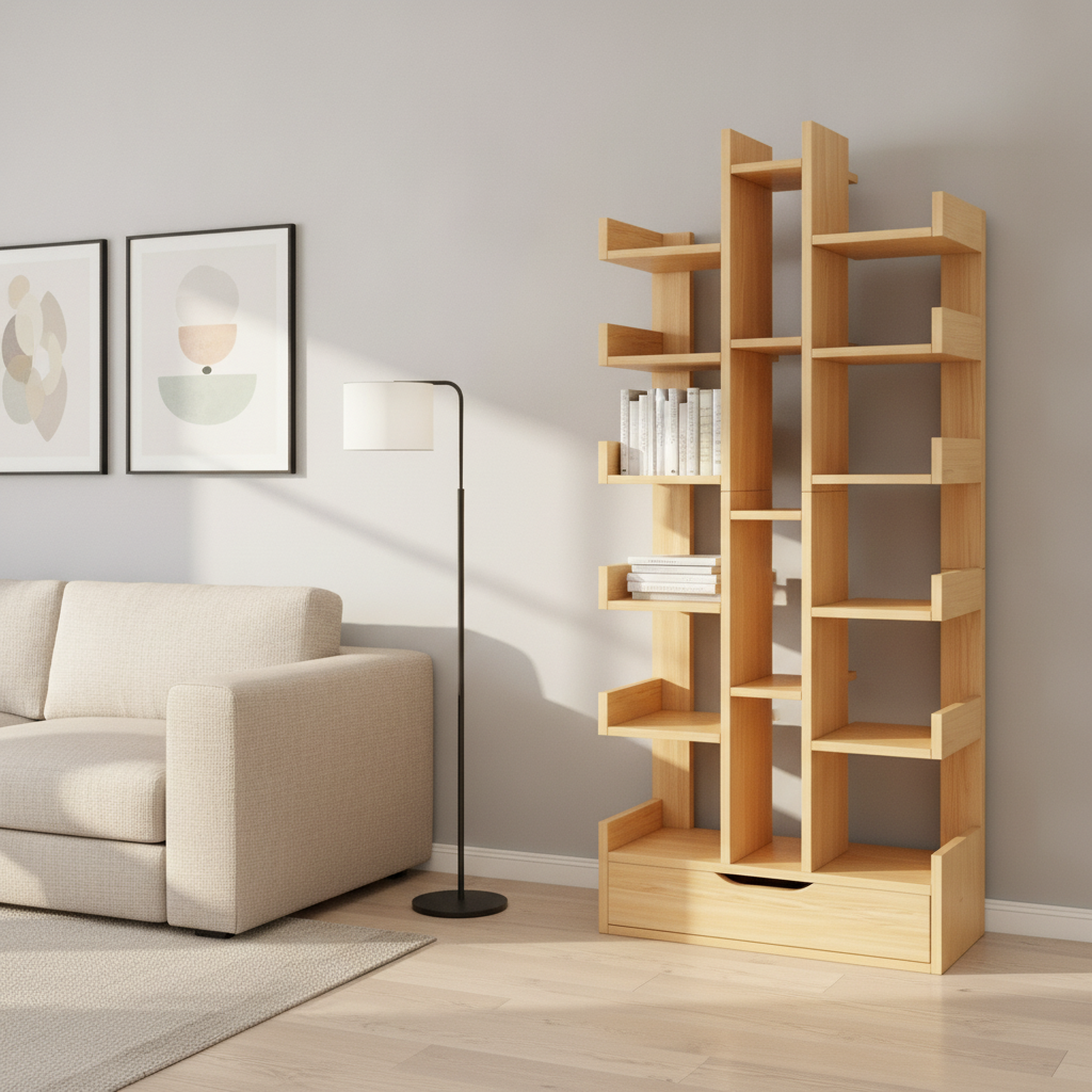 Mobilier Biblioteca Tree of Knowledge cu 18 rafturi si sertar, 158 x 34cm - Lemn