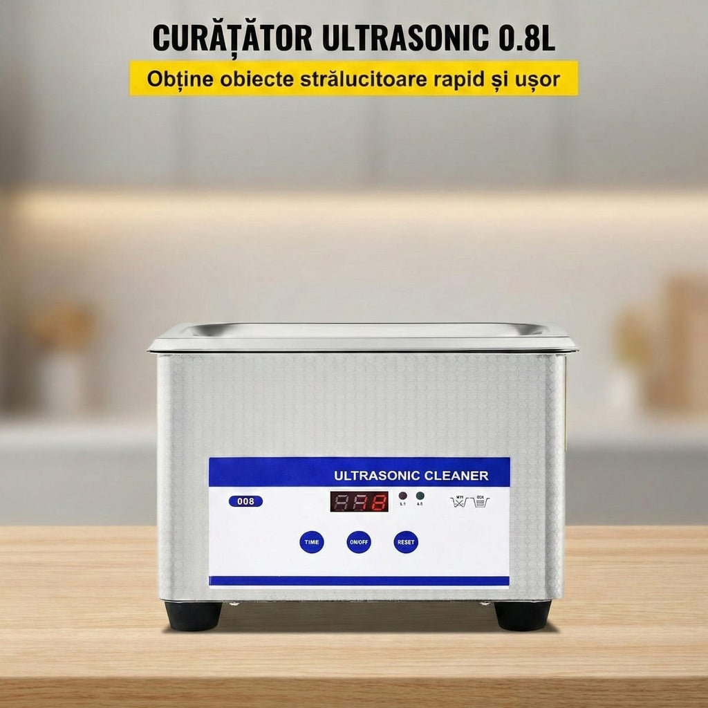 Aparat de Curatare cu Ultrasunete 0.8L, Digital, 35W, Inox - Pentru Bijuterii, Ochelari si Uz Casnic/Comercial