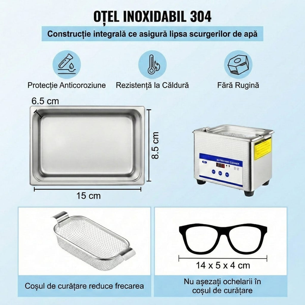 Aparat de Curatare cu Ultrasunete 0.8L, Digital, 35W, Inox - Pentru Bijuterii, Ochelari si Uz Casnic/Comercial