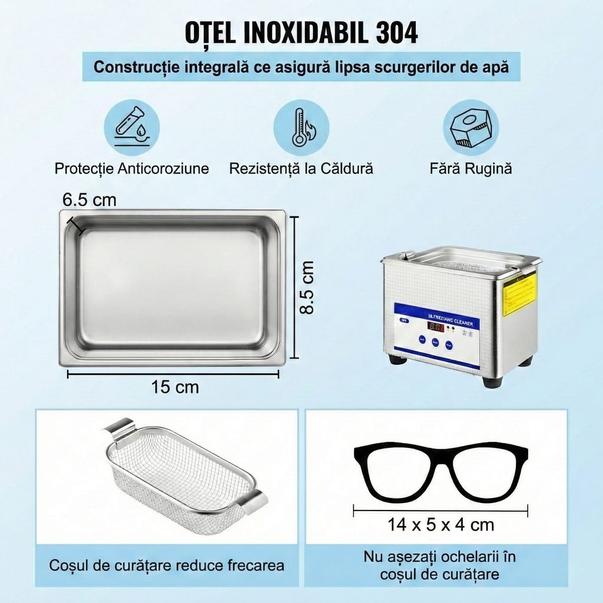 Aparat de Curatare cu Ultrasunete 0.8L, Digital, 35W, Inox - Pentru Bijuterii, Ochelari si Uz Casnic/Comercial