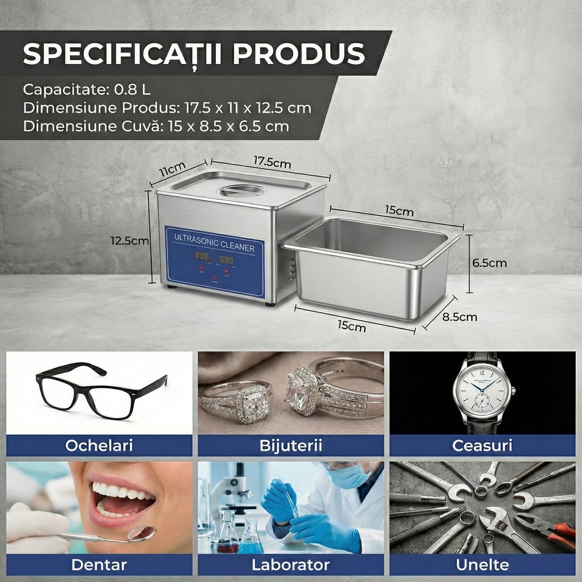 Aparat de Curatare cu Ultrasunete 0.8L, Digital, 35W, Inox - Pentru Bijuterii, Ochelari si Uz Casnic/Comercial