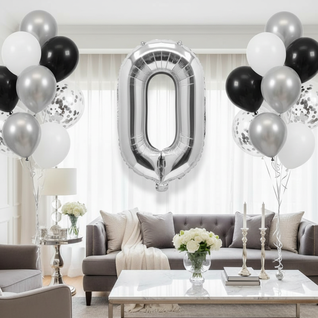 Balon din folie argintie, cifra aniversara 0, 80 cm
