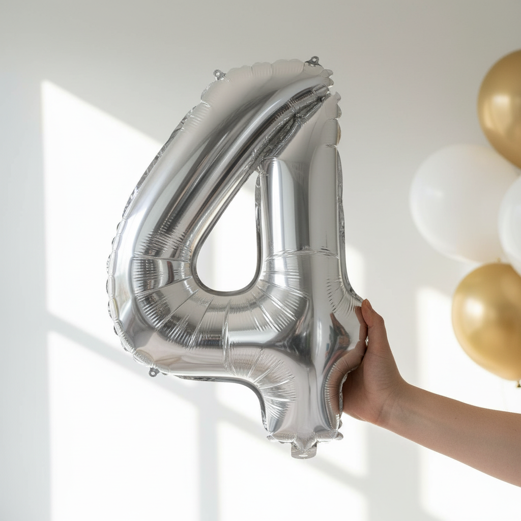 Balon din folie argintie, cifra aniversara 4, 80 cm