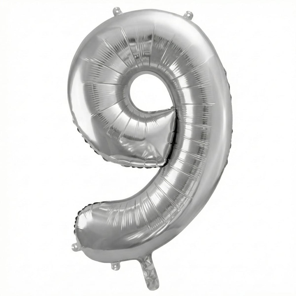Balon din folie argintie, cifra aniversara 9, 90 cm