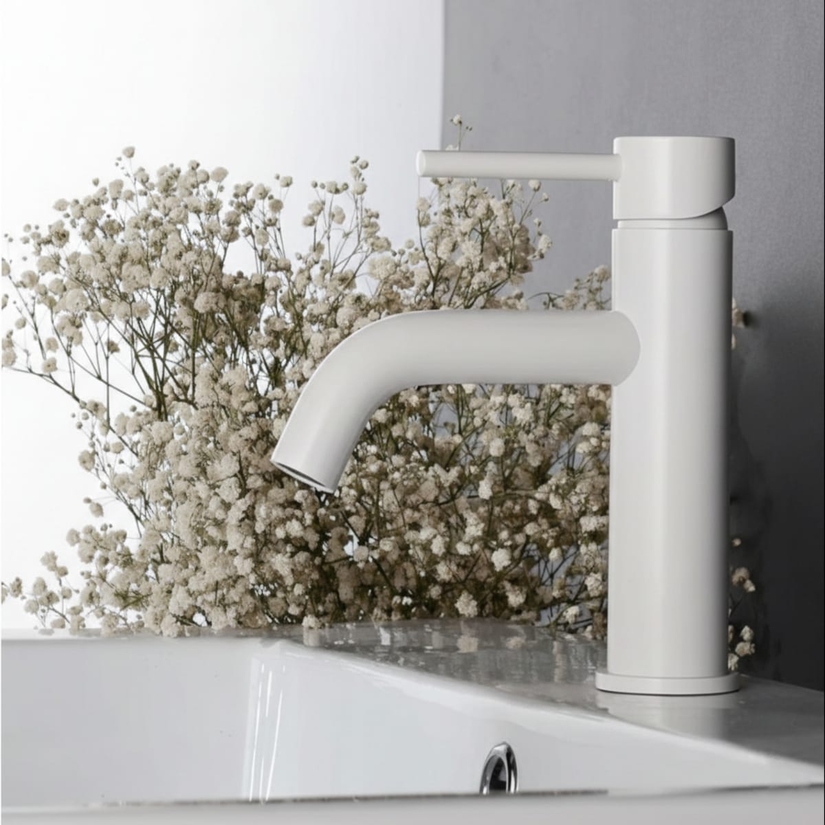 Baterie Lavoar Alb Lucios White Low, Montaj pe Lavoar, Design Modern Compact