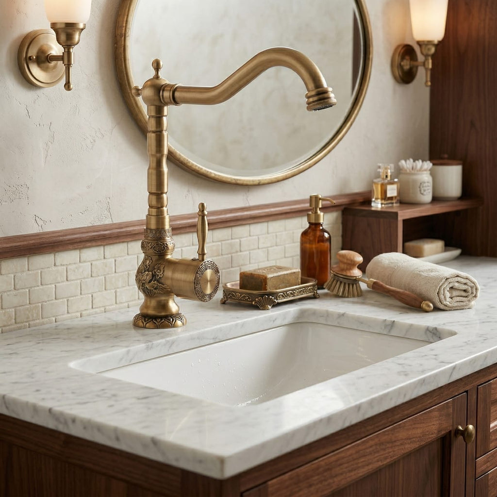 Baterie lavoar Venice, bronz antic, cap ceramic durabil, design clasic