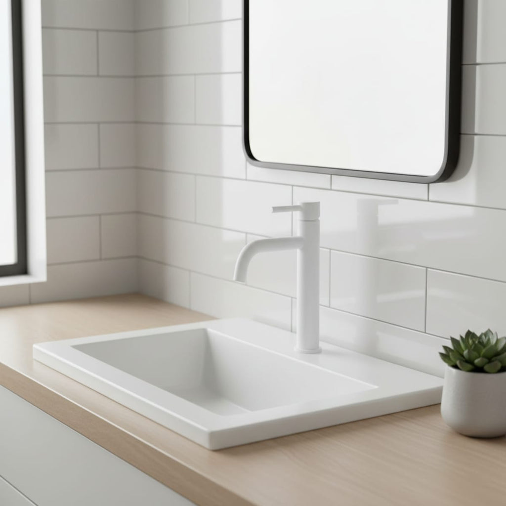 Baterie Lavoar White High Alb Lucios, Montaj pe Blat, Design Minimalist