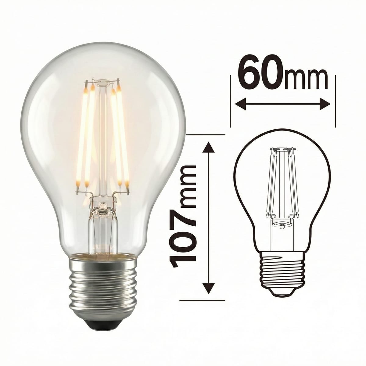 Bec LED Filament A60 E27 8W - Lumina Alb Rece, Stil Vintage