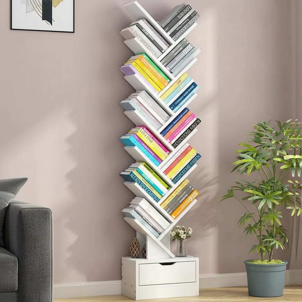 Bibliotecă în formă de copac cu sertare, rafturi modulare, 158x34 cm, alb