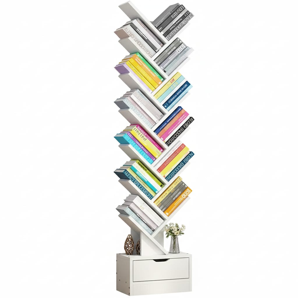 Bibliotecă în formă de copac cu sertare, rafturi modulare, 158x34 cm, alb