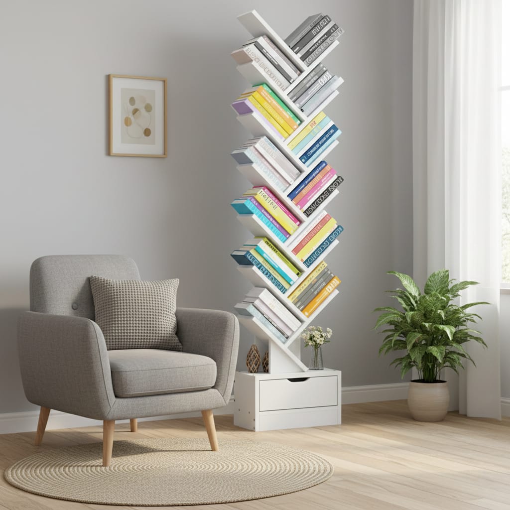 Bibliotecă în formă de copac cu sertare, rafturi modulare, 158x34 cm, alb