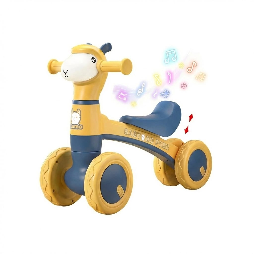 Bicicleta fara pedale copii, 4 roti, lumini si muzica, echilibru albastru-galben