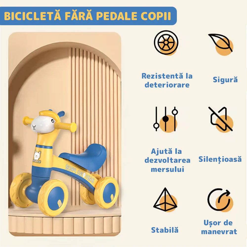 Bicicleta fara pedale copii, 4 roti, lumini si muzica, echilibru albastru-galben