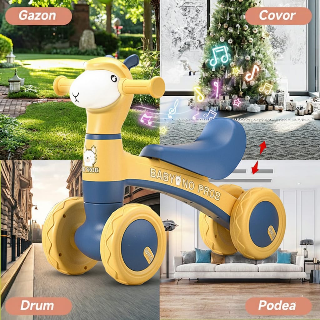 Bicicleta fara pedale copii, 4 roti, lumini si muzica, echilibru albastru-galben