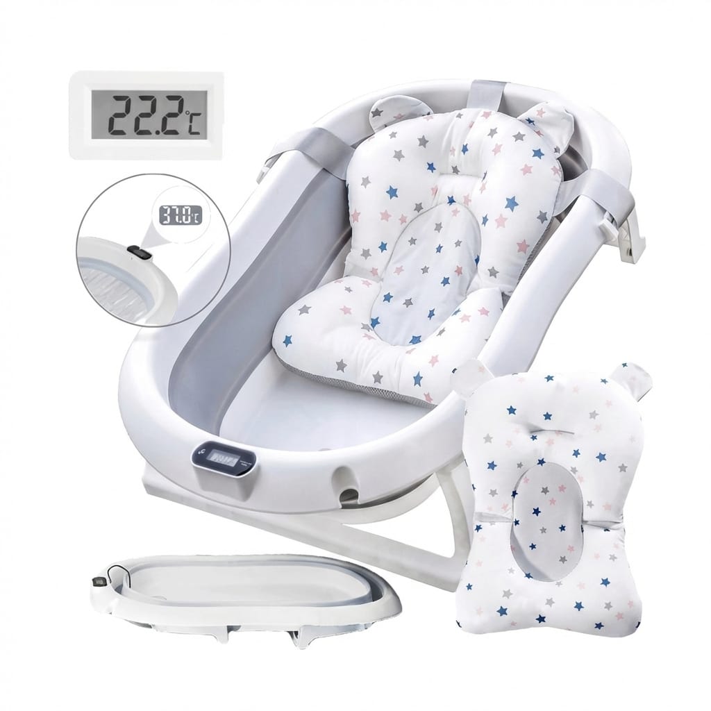 Cadita Pliabila Bebe Premium, cu Termometru si Suport Anatomic, 80cm, Standard EN71, Gri