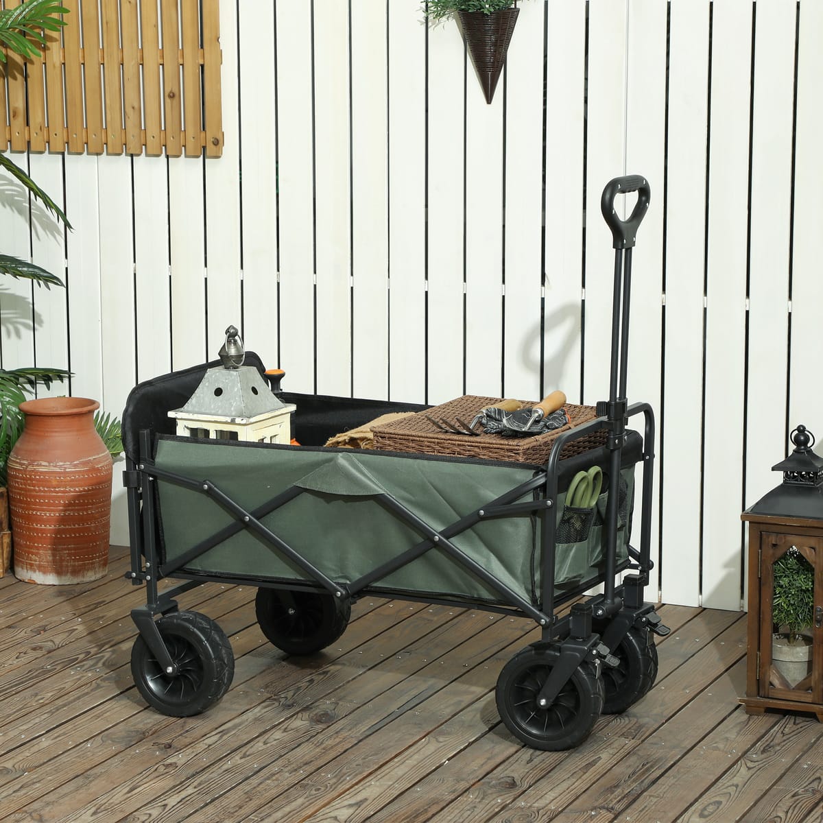 Carucior pliabil de gradina cu deschidere posterioara, roti mari si buzunare de depozitare, 125x48x78-102 cm, verde