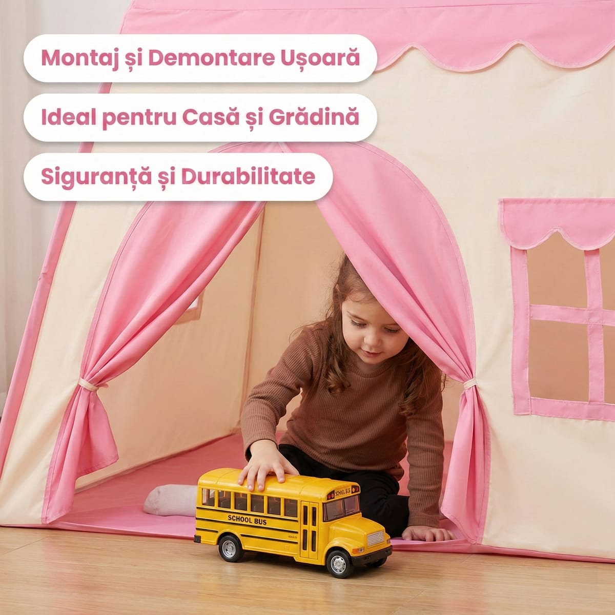 Cort de Joacă pentru Copii Tip Căsuță, Roz, Rezistent la Vreme, Geamuri Plasă