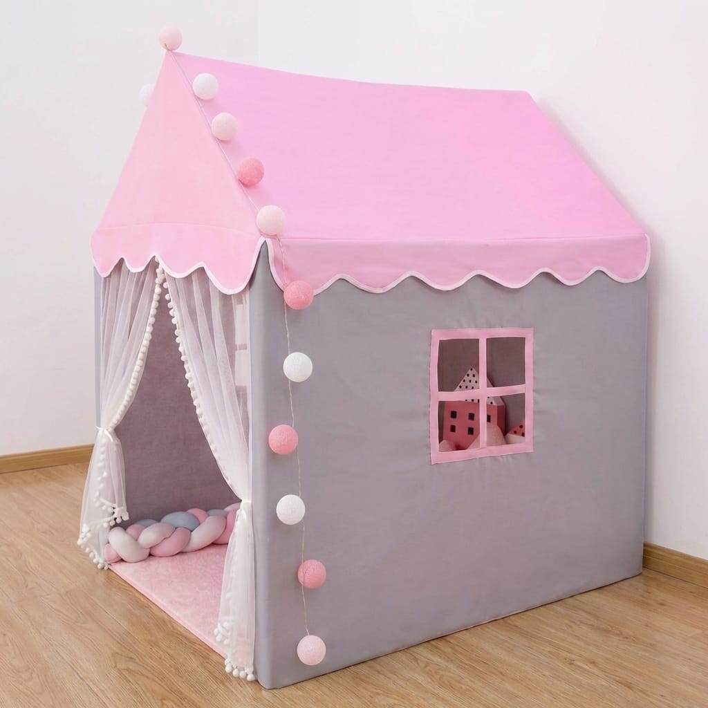 Cort de joaca tip Casuta, 130 x 100 x 115 cm, Gri/Roz, cu Ghirlanda Luminoasă si Ferestre