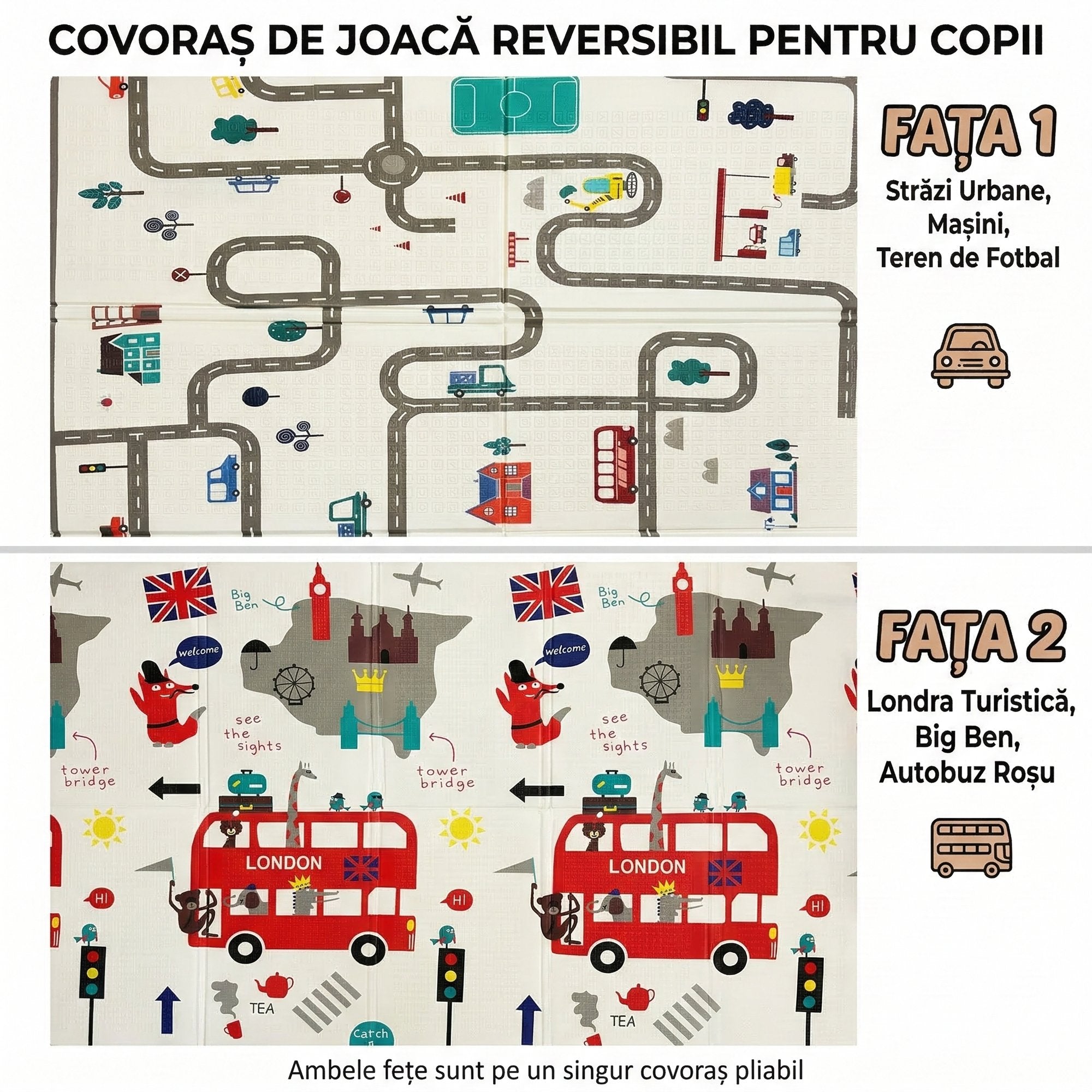 Covor de Joaca Pliabil pentru Bebelusi, Izolant, Impermeabil cu Doua Fete