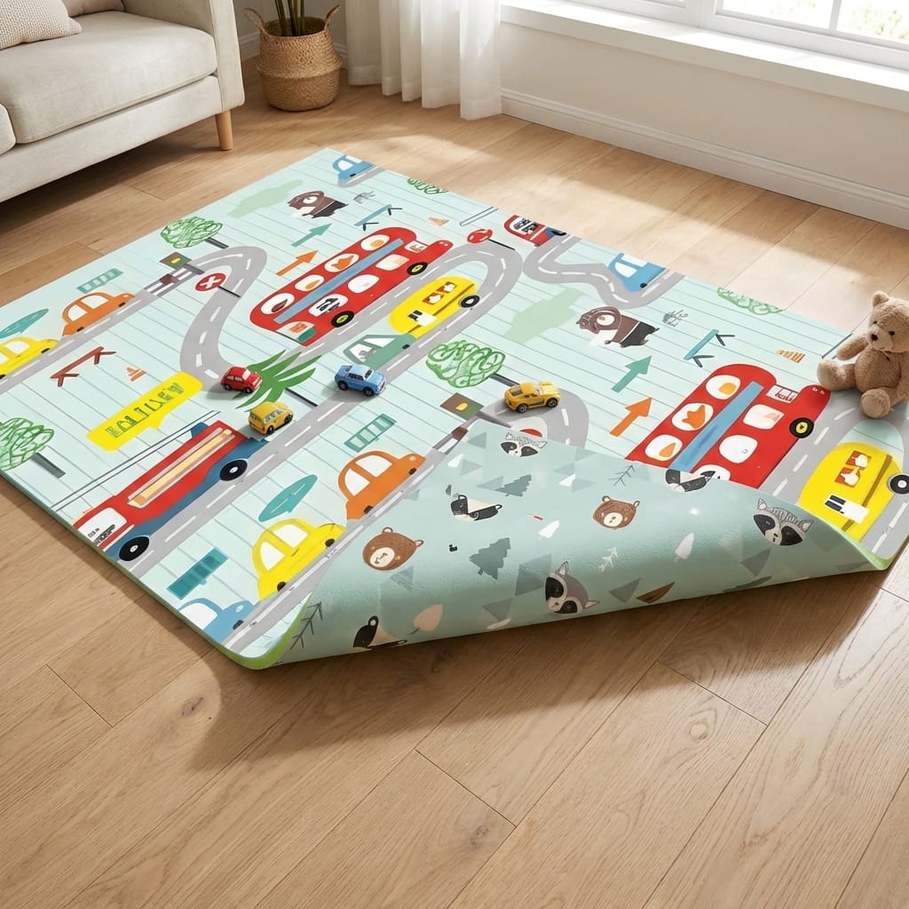 Covoras de Joacă pentru Copii – Termic, Antiderapant, Pliabil, Protectie Împotriva Loviturilor, Model Sosea & Padure, 200x180 cm, Grosime 1 cm, Multicolor