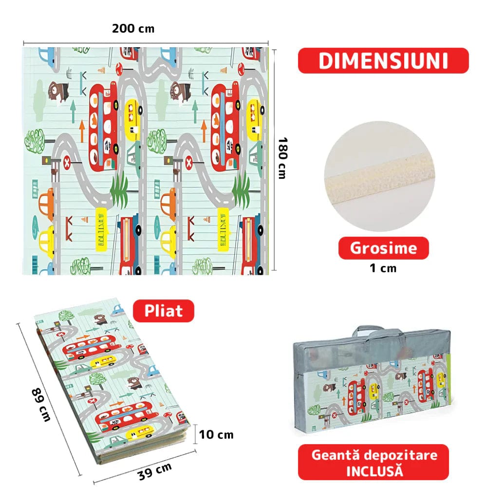 Covoras de Joacă pentru Copii – Termic, Antiderapant, Pliabil, Protectie Împotriva Loviturilor, Model Sosea & Padure, 200x180 cm, Grosime 1 cm, Multicolor