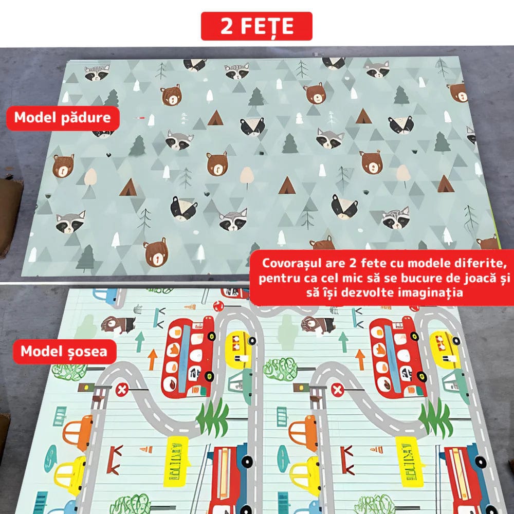 Covoras de Joacă pentru Copii – Termic, Antiderapant, Pliabil, Protectie Împotriva Loviturilor, Model Sosea & Padure, 200x180 cm, Grosime 1 cm, Multicolor