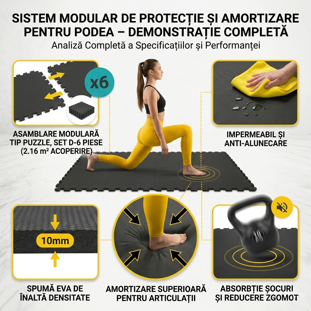 Covoras tip Puzzle pentru Sport si Fitness, Spuma EVA, Set 6 bucati, Protectie Podea Antiderapanta, 180 x 120 x 1 cm, Negru