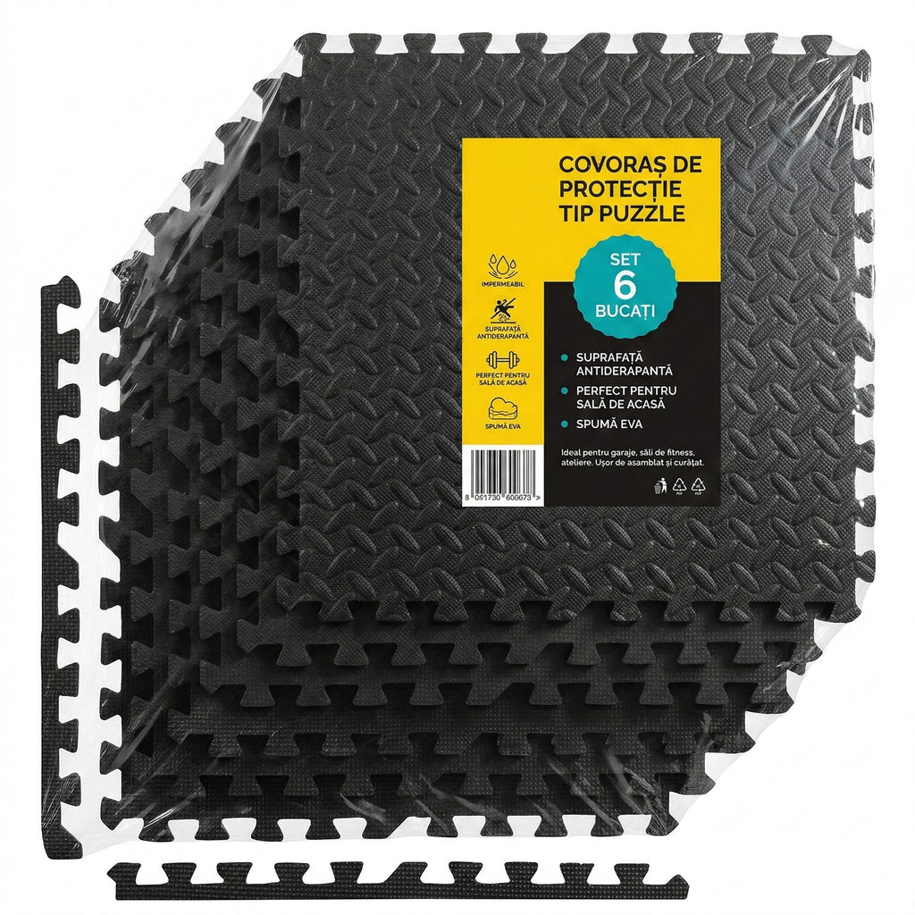 Covoras tip Puzzle pentru Sport si Fitness, Spuma EVA, Set 6 bucati, Protectie Podea Antiderapanta, 180 x 120 x 1 cm, Negru