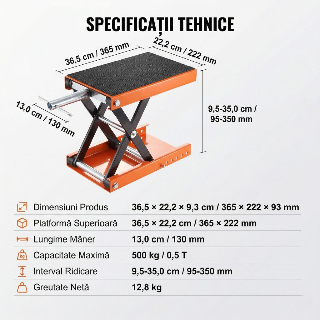 Cric Tip Foarfeca pentru Motociclete Si ATV-uri – Capacitate 500 kg, Platforma Lata
