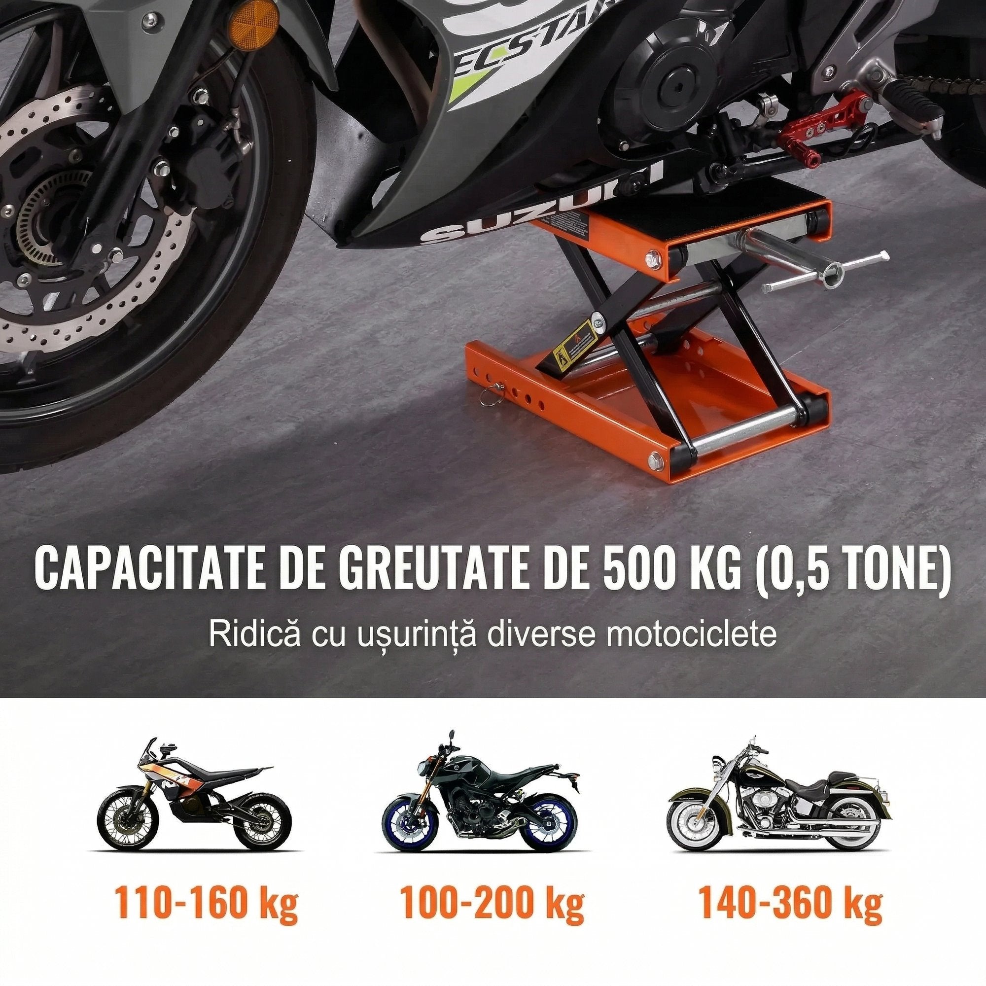 Cric Tip Foarfeca pentru Motociclete Si ATV-uri – Capacitate 500 kg, Platforma Lata