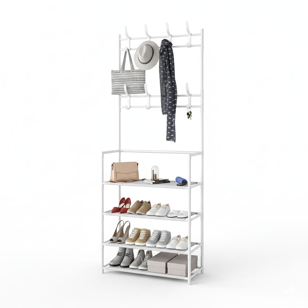 Cuier haine cu suport pantofi 3 in 1, 5 rafturi, alb 80 cm