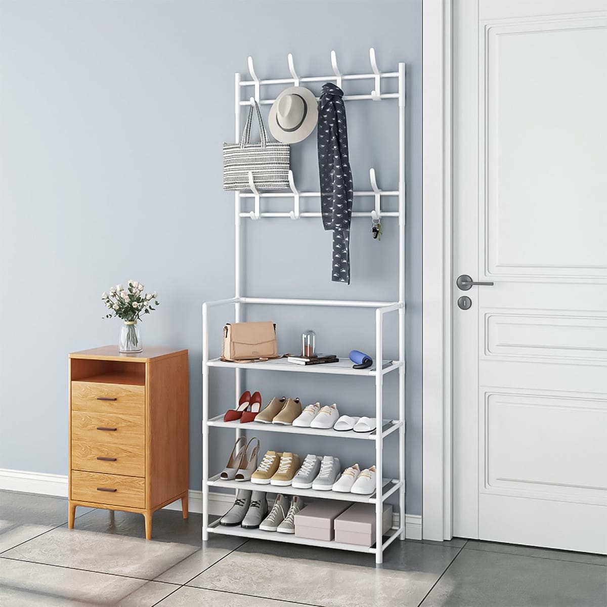 Cuier haine cu suport pantofi 3 in 1, 5 rafturi, alb 80 cm