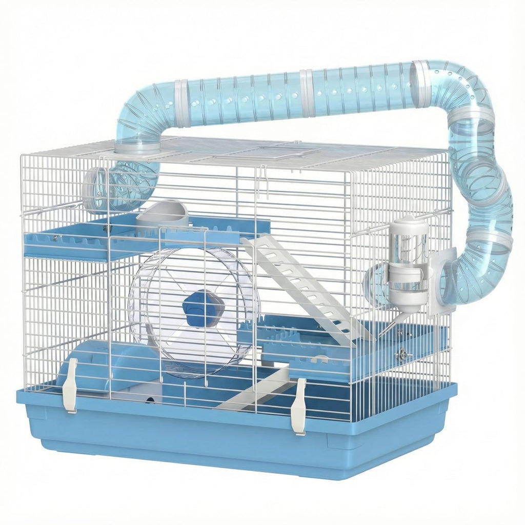 Cusca pentru hamsteri cu 3 niveluri, roata, biberon, casuta și tuneluri, 47.5×31.5×29.5 cm, albastru deschis