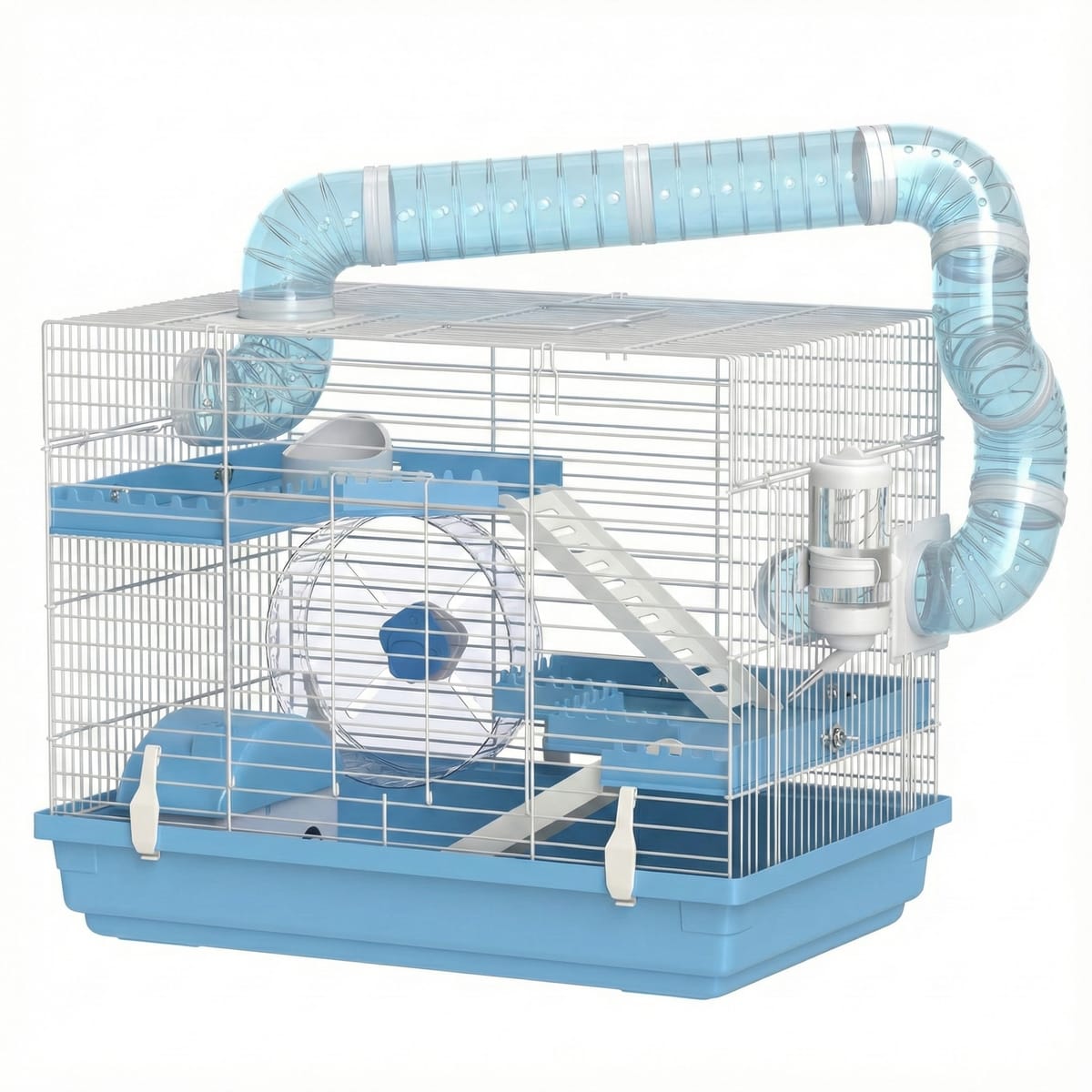 Cusca pentru hamsteri cu 3 niveluri, roata, biberon, casuta și tuneluri, 47.5×31.5×29.5 cm, albastru deschis