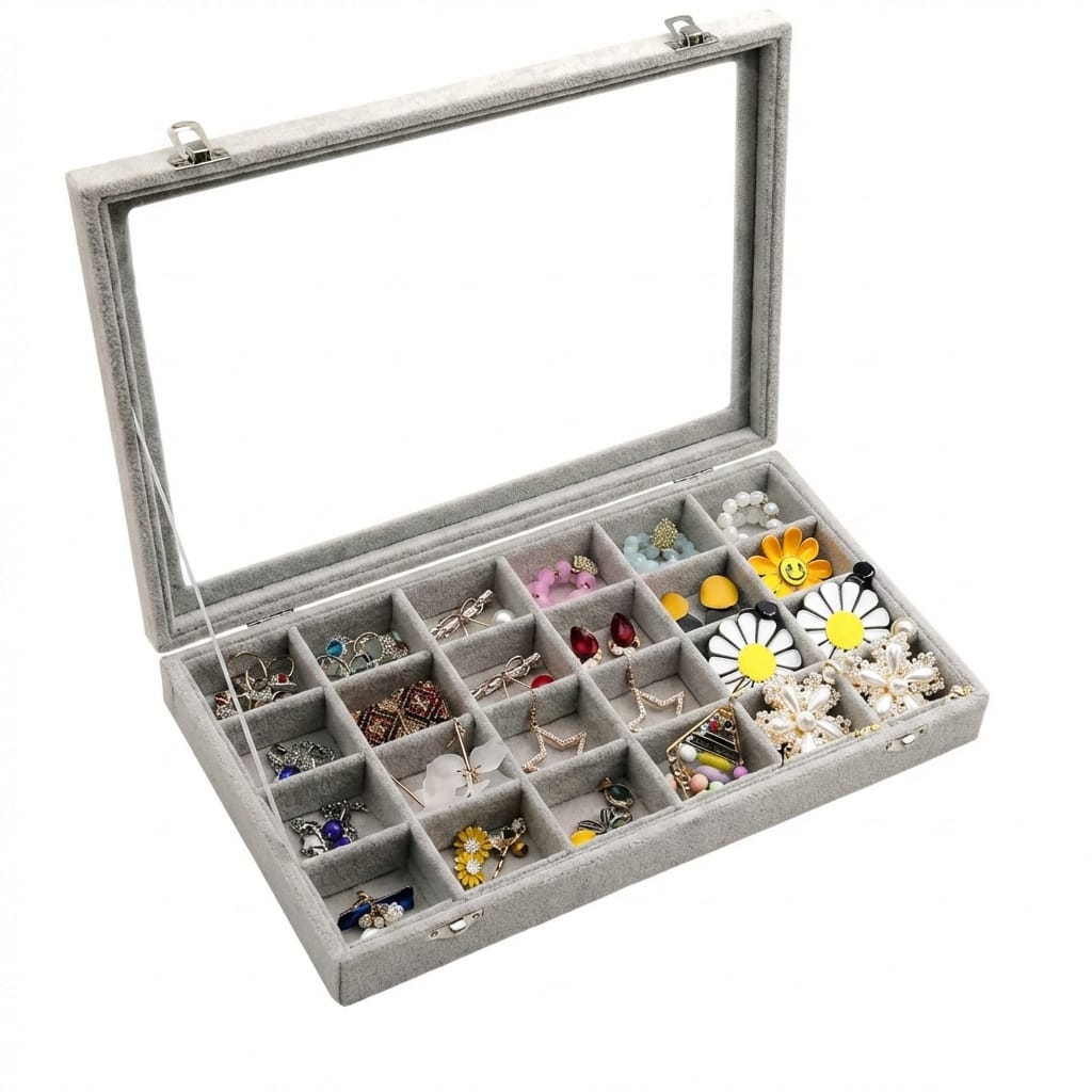 Cutie bijuterii organizator cu capac sticlă, 24 compartimente, materiale calitate