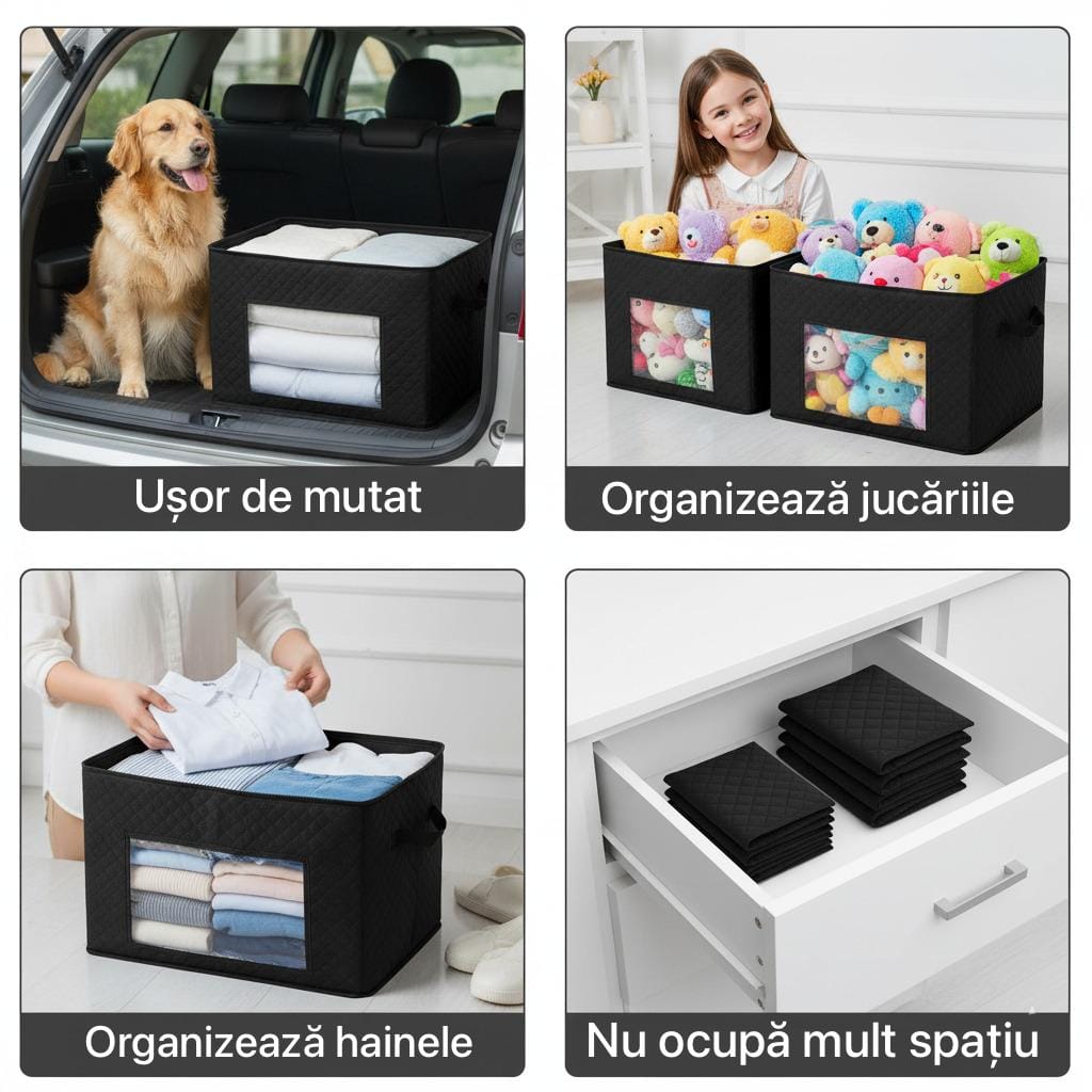 Cutie mare pentru depozitare si organizare, pliabila, cu fereastra transparenta si capac rezistent, negru