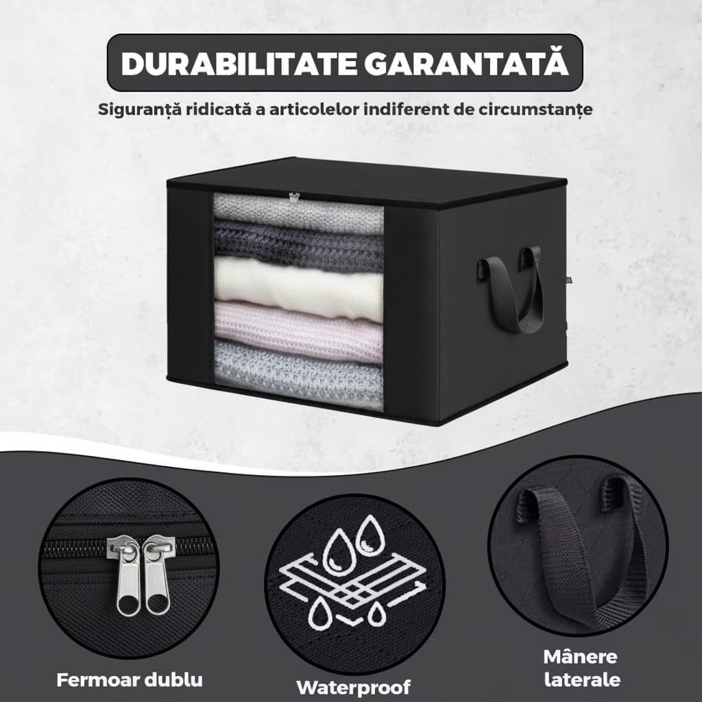 Cutie mare pentru depozitare si organizare, pliabila, cu fereastra transparenta si capac rezistent, negru