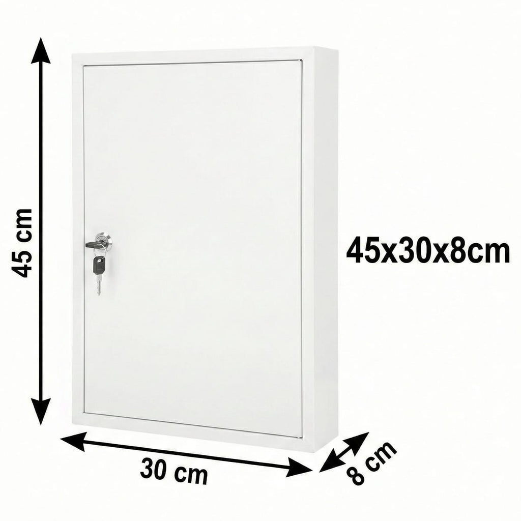 Cutie metalica pentru 64 chei, din otel, echipata cu carlige si etichete, 45x30x8cm, alba