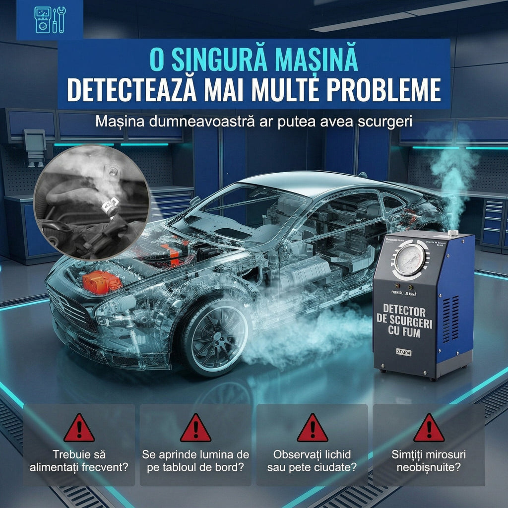 Detector de Scurgeri cu Fum pentru Automobile – Pompa de Aer Integrata, Manometru Digital, 12V