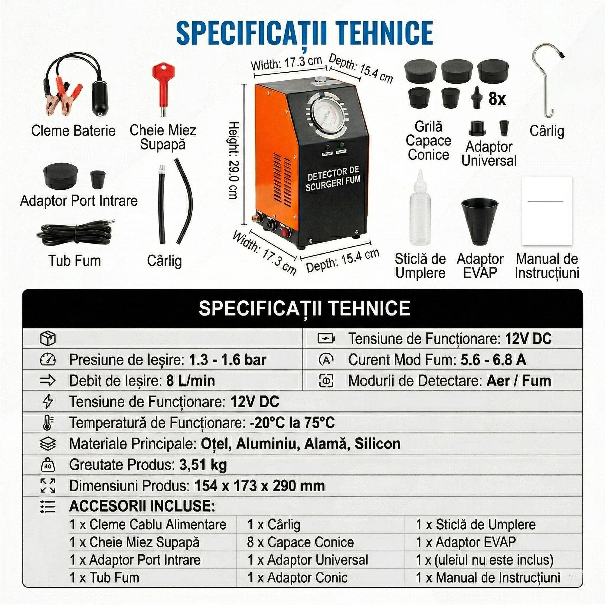 Detector de Scurgeri cu Fum pentru Automobile – Pompa de Aer Integrata, Manometru Digital, 12V