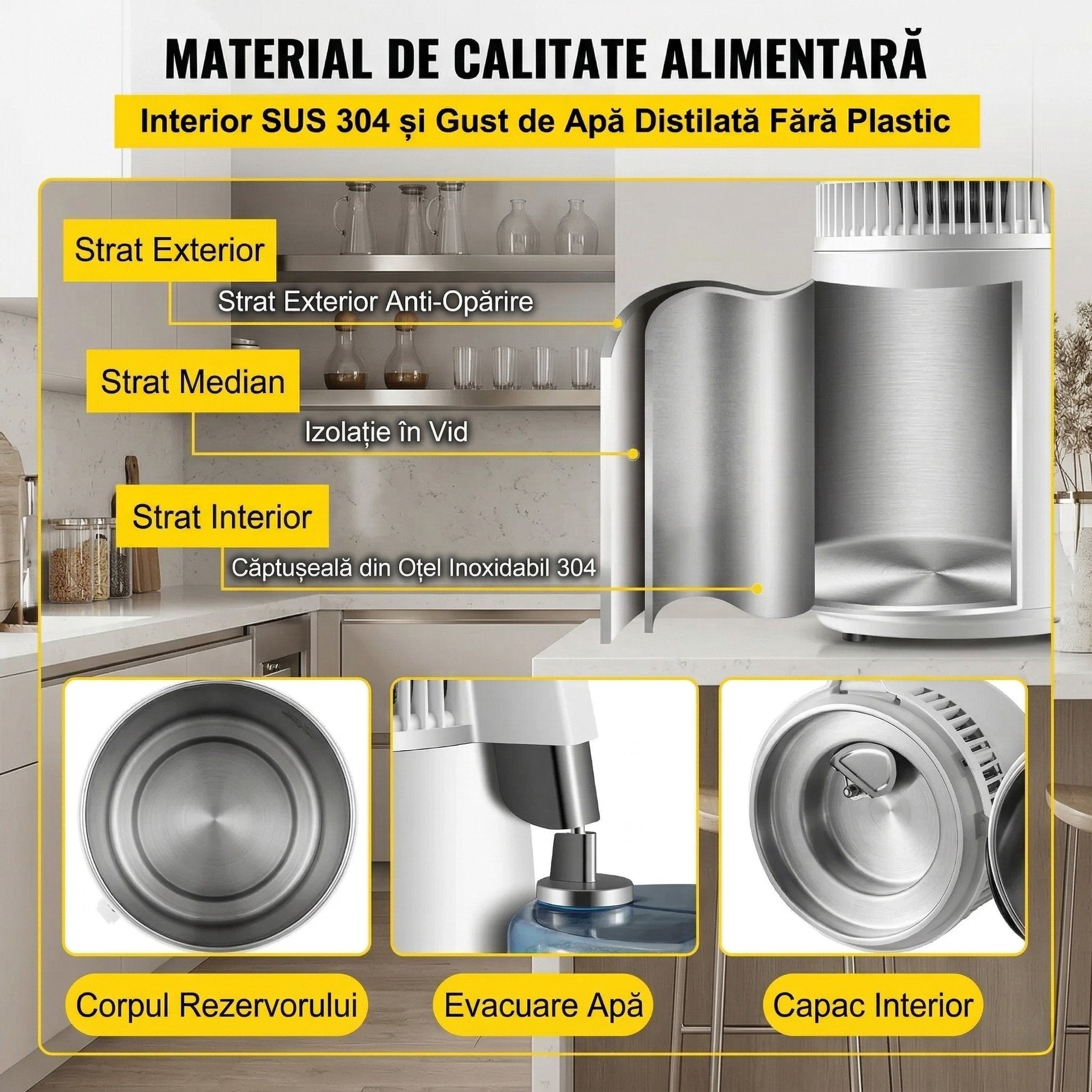 Distilator de Apa 4L, 750W, Inox, Eficienta Superioara, Ideal pentru Acasa si Birou
