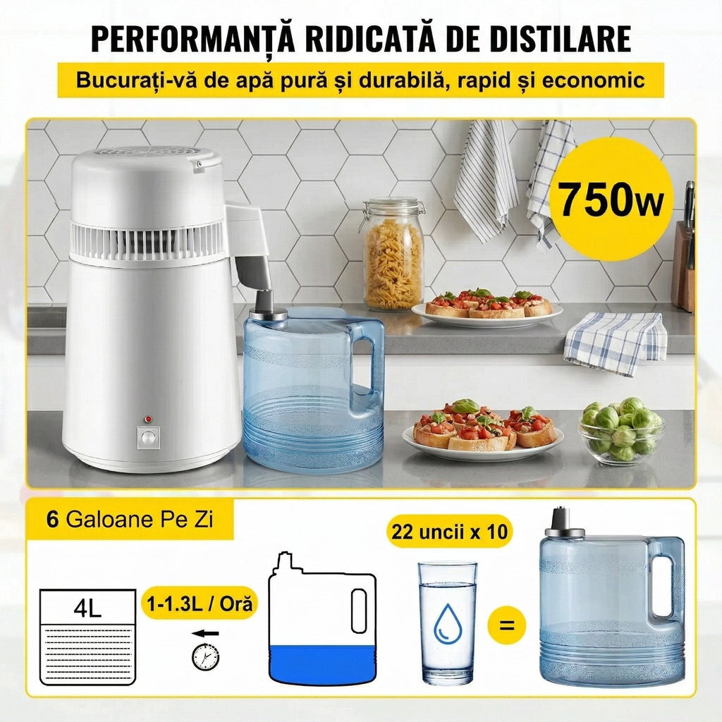Distilator de Apa 4L, 750W, Inox, Eficienta Superioara, Ideal pentru Acasa si Birou