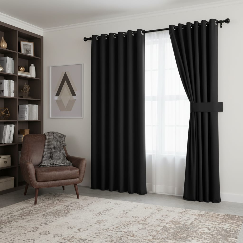 Draperie Blackout Neagra cu Inele Argintii 140x244 cm – Opacitate 90%