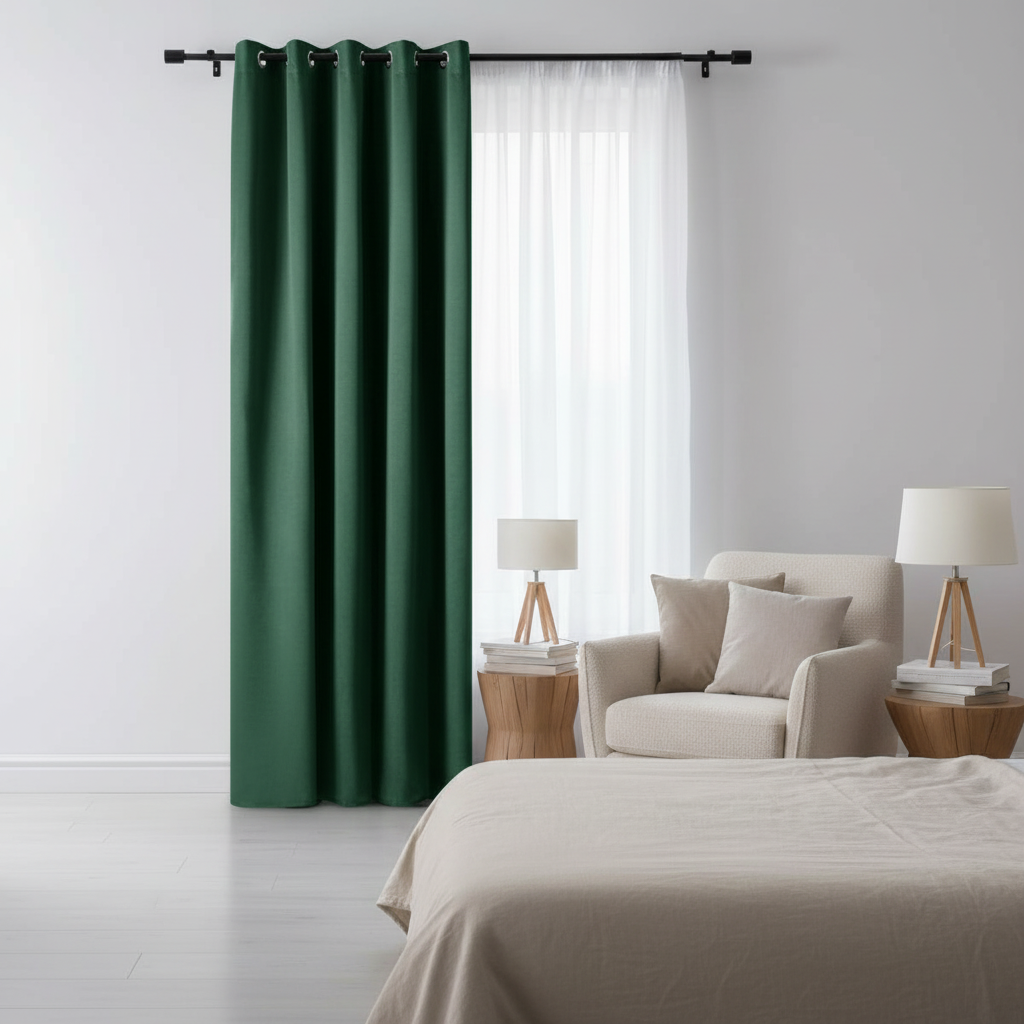 Draperie Blackout Verde Smarald cu Inele Argintii 140x244 cm – Opacitate 90%